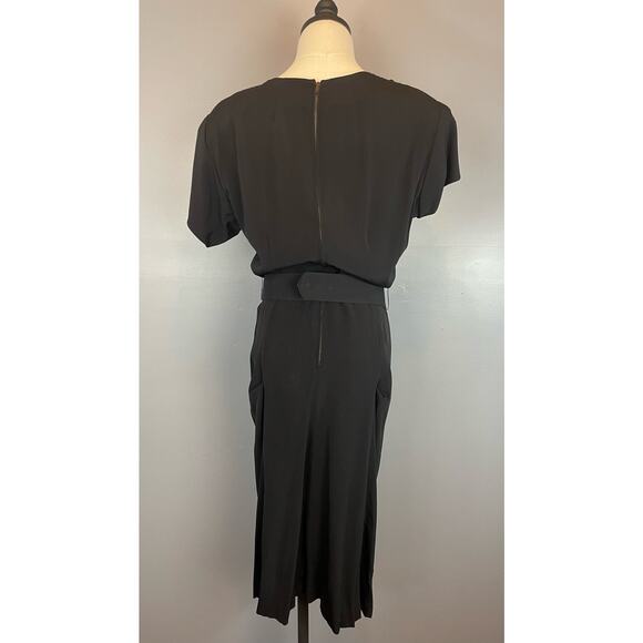 Vintage 40s 50s Black Rayon Crepe Draped Midi Dress Med Lg Rhinestone Belt - Picture 7 of 10